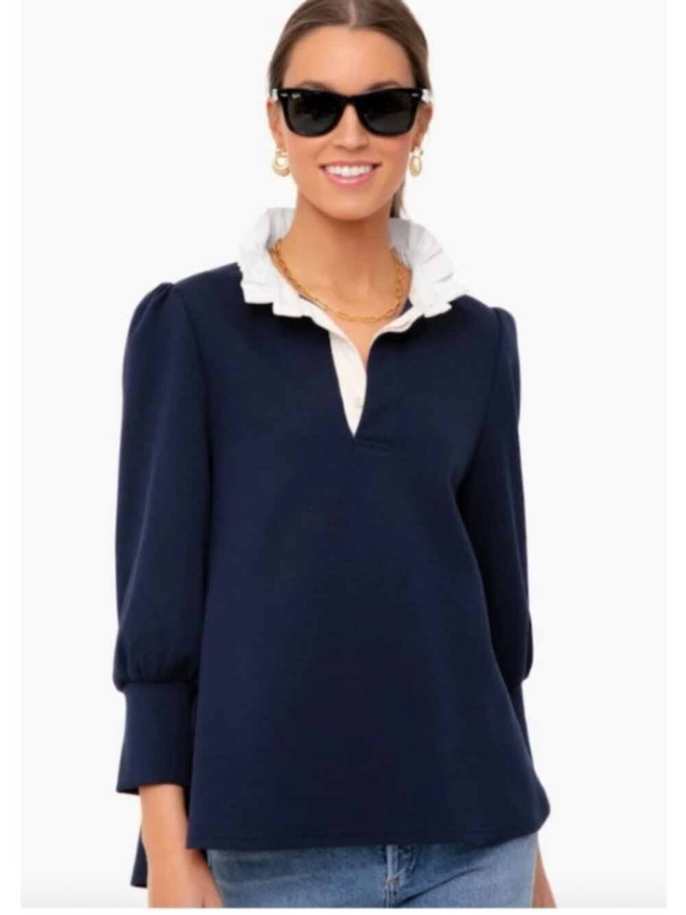 Tuckernuck Pomander Place Navy Charlotte Interlock Knit Top Medium White Collar